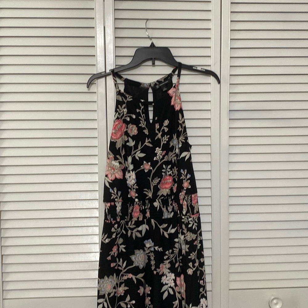 Floral scarf dress gathered at waist, string neckline with opening in the front,